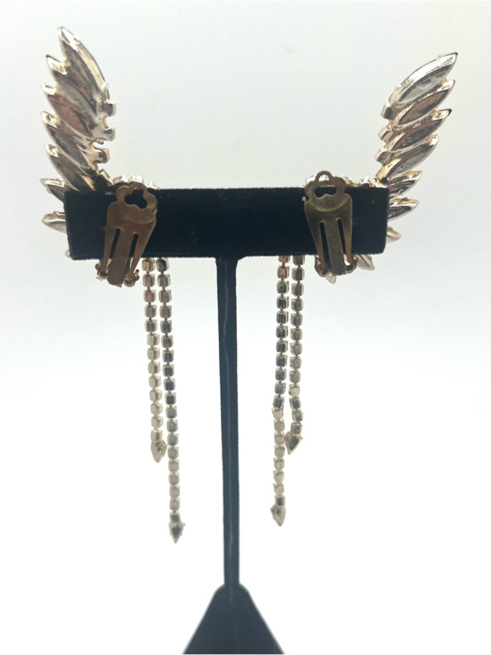 vintage black rhinestone wing dangle clip earrings statement fringe. 1980’s - Picture 4 of 8